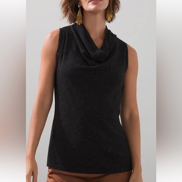 CHICO’S Angelina Cowl Neck Tank & Cardigan Set Black & Metallic Gold Size XL NEW - Picture 6 of 11